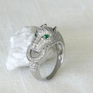 Panther Ring sterling silver cz and emerald eye cat size 8